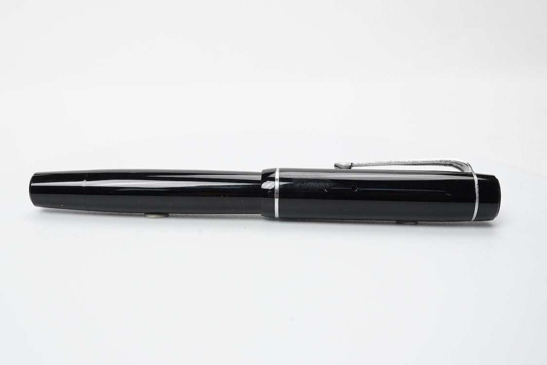 A Montblanc unusual fountain pen with steel nib and nickel trim, marked on 'Montblanc' on barrel, possible wartime model or student pen